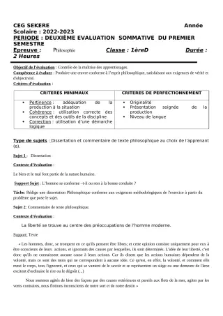 Première page de Philosophie 1ère D — 2e évaluation sommative, 1er semestre (2022-2023) · CEG SEKERE