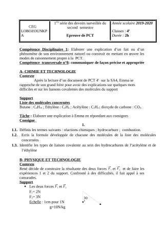 Première page de PCT 4e — 1er devoir surveillé, 2e semestre (2019-2020) · CEG Lobozounkpa