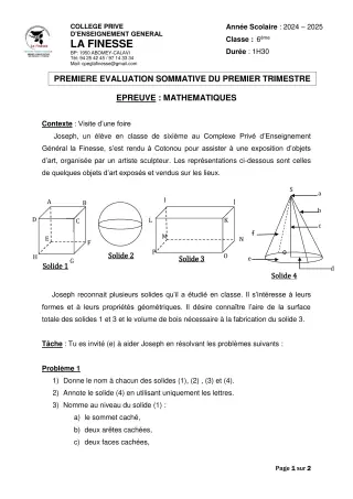 Première page de Mathématiques 6e — 1re évaluation sommative, 1er trimestre (2024-2025) · CPEG La Finesse