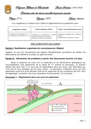 Première page de SVT 1ère C — 2e devoir surveillé, 1er semestre (2019-2020) · PMB
