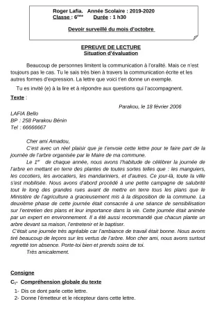 Première page de Français 6e — Devoir surveillé (2019-2020) · CPEG Roger LAFIA