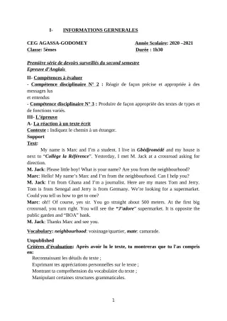 Première page de Anglais 5e — 1er devoir surveillé, 2e semestre (2020-2021) · CEG Agassa Godomey