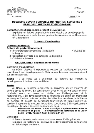 Première page de Histoire-Géographie 3e, 3e ML — 2e devoir surveillé, 1er semestre (2019-2020) · CEG du Lac