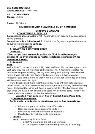 Première page de Anglais 5e — 2e devoir surveillé, 2e semestre (2018-2019) · CEG Lobozounkpa