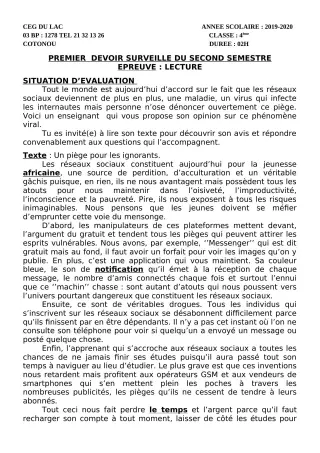 Première page de Français 4e, 4e ML — 1er devoir surveillé, 2e semestre (2019-2020) · CEG du Lac
