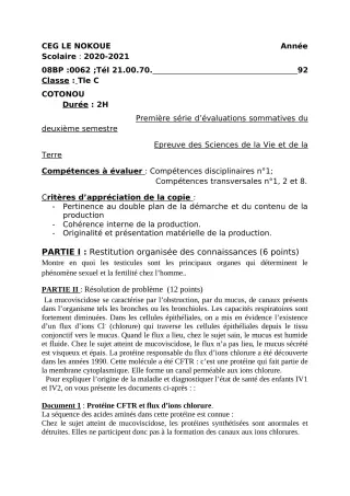 Première page de SVT Tle C — Évaluation sommative, 2e semestre (2020-2021) · CEG LE NOKOUE