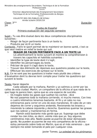 Première page de Espagnol 3e ML — 2018-2019 · CEG 2 N'DALI
