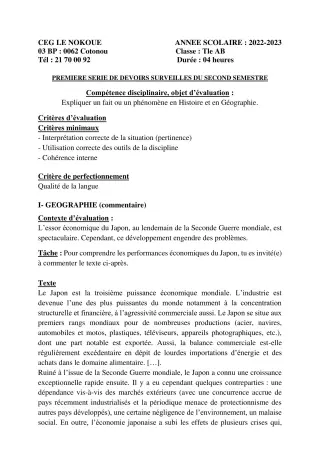 Première page de Histoire-Géographie Tle A1, Tle A2, Tle B — 1er devoir surveillé, 2e semestre (2022-2023) · CEG LE NOKOUE
