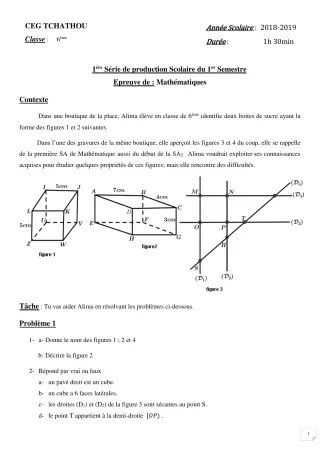 Première page de Mathématiques 6e — 1re production scolaire, 1er semestre (2018-2019) · CEG Tchatchou