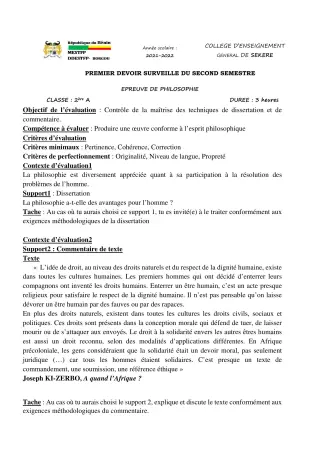 Première page de Philosophie 2nde A2 — 1er devoir surveillé, 2e semestre (2021-2022) · CEG SEKERE