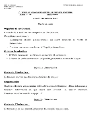 Première page de Philosophie Tle A1, Tle A2, Tle B — 2e devoir surveillé, 1er semestre (2022-2023) · CEG LE NOKOUE