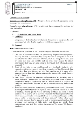 Première page de Anglais 1ère A1, 1ère A2, 1ère B — 2e devoir surveillé, 1er semestre (2019-2020) · CEG 1 Akpakpa-Centre