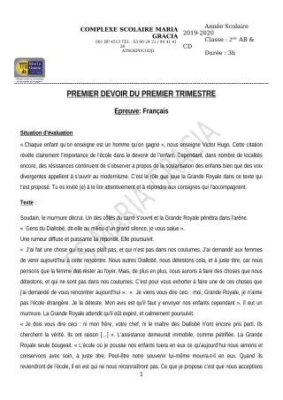 Première page de Français 2nde A — 1er devoir surveillé, 1er trimestre (2019-2020) · CPEG MARIA GRACIA