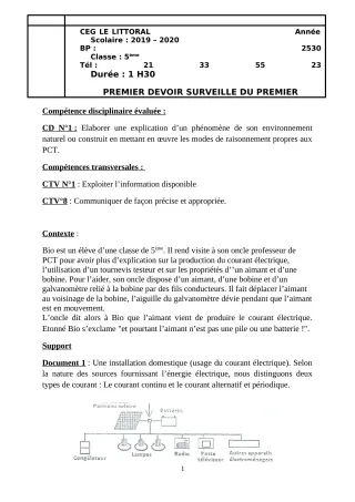 Première page de PCT 5e — 1er devoir surveillé (2019-2020) · CEG Le Littoral