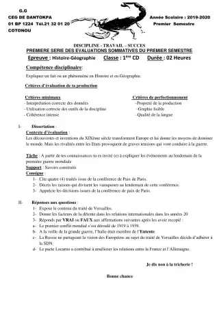 Première page de Histoire-Géographie 1ère C, 1ère D — 1re évaluation sommative, 1er semestre (2019-2020) · CEG Dantokpa