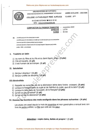 Première page de Latin 6ème – Composition du 1er trimestre 2025-2026 – Traductions, déclinaisons et fonctions grammaticales – Collège Catholique Père Aupiais