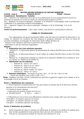 Première page de PCT 2nde D — 2e devoir surveillé, 2e semestre (2022-2023) · CEG SEKERE