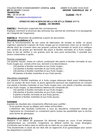 Première page de SVT Tle C, Tle D — Devoir surveillé, 1er trimestre (2019-2020) · CPEG LICA