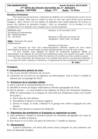 Première page de Français 5e — 1er devoir surveillé, 1er semestre (2019-2020) · CEG MAREGOUROU