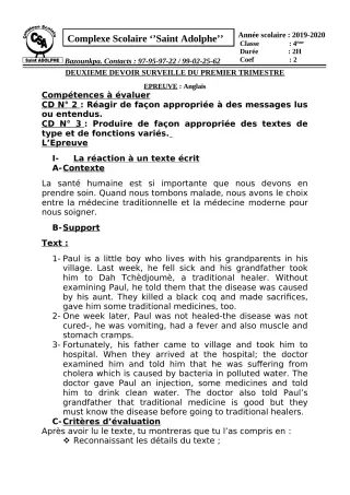 Première page de Anglais 6e, 5e, 4e, 4e ML, 3e, 3e ML — 2e devoir surveillé, 1er trimestre (2019-2020) · CPEG Saint Adolphe