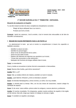 Première page de Espagnol 3e ML — 1er devoir surveillé, 1er trimestre (2019-2020) · CPEG LE PHARAON