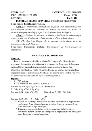Première page de PCT 1ère D — 2e devoir surveillé, 2e semestre (2019-2020) · CEG du Lac