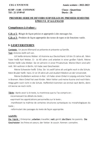 Première page de Allemand 4e, 3e, 2nde A2, 2nde B, 1ère A2, 1ère B, Tle A2, Tle B — 1er devoir surveillé, 1er semestre (2022-2023) · CEG L'Entente