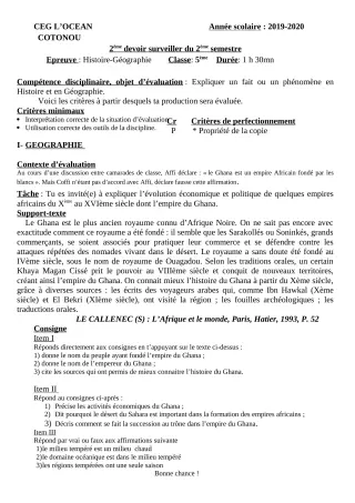 Première page de Histoire-Géographie 5e — 2e devoir surveillé, 2e semestre (2019-2020) · CEG l'Océan