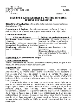 Première page de Philosophie 2nde C, 2nde D — 2e devoir surveillé, 1er semestre (2019-2020) · CEG du Lac
