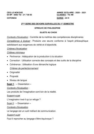 Première page de Philosophie Tle A1, Tle A2, Tle B — 2e devoir surveillé, 1er semestre (2020-2021) · CEG LE NOKOUE