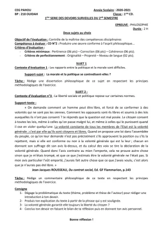 Première page de Philosophie 1ère C, 1ère D — 1er devoir surveillé, 2e semestre (2020-2021) · CEG PAHOU
