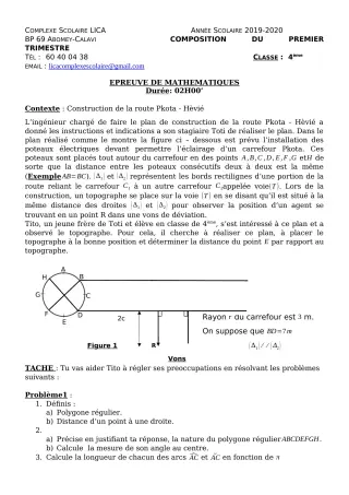 Première page de Mathématiques 4e, 4e ML — Composition, 1er trimestre (2019-2020) · CPEG LICA