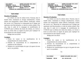 Première page de Français 6e, 5e, 4e, 4e ML, 3e, 2nde A, 2nde A2, 2nde B, 2nde C, 2nde D, 1ère A1, 1ère A2, 1ère B, 1ère C, 1ère D, Tle A1, Tle A2, Tle B, Tle C, Tle D — 1er devoir surveillé, 1er semestre (2021-2022)