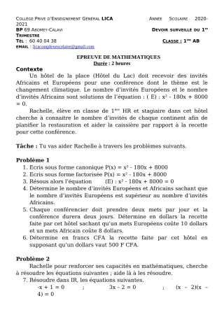 Première page de Mathématiques 1ère A2, 1ère B — Devoir surveillé, 1er trimestre (2020-2021) · CPEG LICA