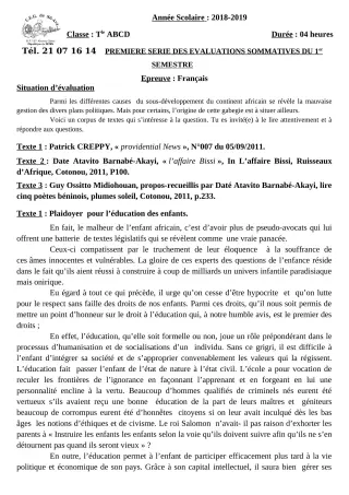 Première page de Français 4e, 4e ML, 3e, 3e ML, 2nde A1, 2nde A2, 2nde C, 2nde D, 1ère A1, 1ère A2, 1ère B, 1ère C, 1ère D, Tle A1, Tle A2, Tle B, Tle C, Tle D — 1re évaluation sommative, 1er semestre (2018-2019) · CE