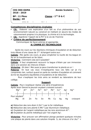 Première page de PCT 1ère C, 1ère D — 2e devoir surveillé, 2e semestre (2018-2019) · CEG OKEDAMA