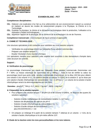 Première page de Examen Blanc de PCT — Tle C — CPEG LE PHARAON (2019)
