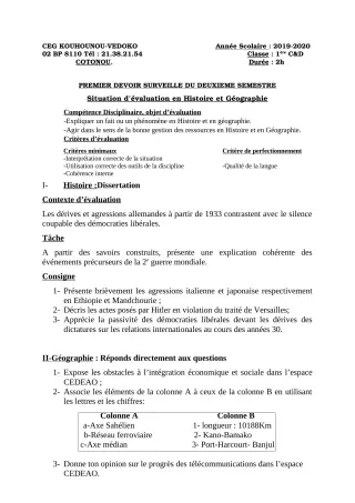 Première page de Histoire-Géographie 1ère C, 1ère D — 1er devoir surveillé, 2e semestre (2019-2020) · CEG Kouhounou-Vêdoko