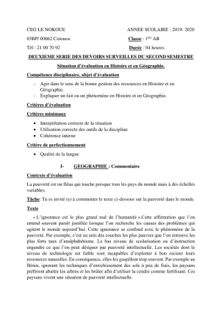 Première page de Histoire-Géographie 1ère B — 2e devoir surveillé, 2e semestre (2019-2020) · CEG LE NOKOUE