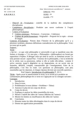 Première page de Philosophie 2nde D — 2e devoir surveillé, 1er semestre (2018-2019) · Lycée Houegbadja d'Abomey (Ex Mafory Bangoura)