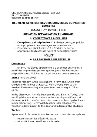 Première page de Anglais 6e, 5e, 4e, 4e ML, 3e, 3e ML, 2nde A & B, 2nde D, 1ère A & B, 1ère D, Tle A & B — 2e devoir surveillé, 1er semestre (2019-2020) · CEG Houakpe daho