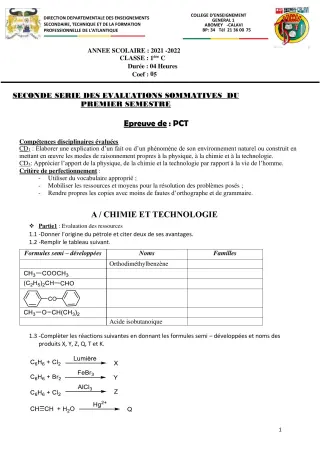 Première page de PCT 1ère C — 2e évaluation sommative, 1er semestre (2021-2022) · CEG1 Abomey-Calavi