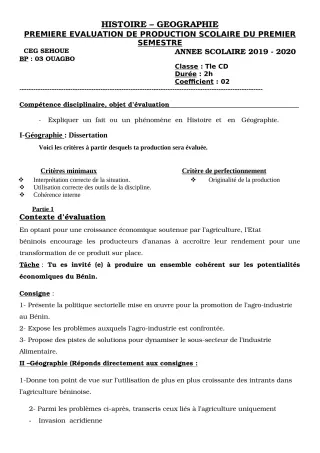 Première page de Histoire-Géographie Tle C, Tle D — 1re production scolaire, 1er semestre (2019-2020) · CEG SEHOUE