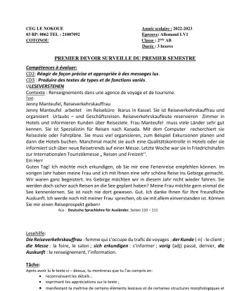 Première page de Allemand 2nde A2, 2nde B — 1er devoir surveillé, 1er semestre (2022-2023) · CEG LE NOKOUE