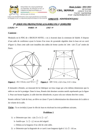 Première page de Mathématiques 3e — 2e production scolaire, 1er semestre (2022-2023) · CEG1 Ikpinlè