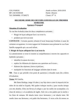 Première page de Espagnol 4e ML — 2e devoir surveillé, 1er semestre (2018-2019) · CEG PAHOU