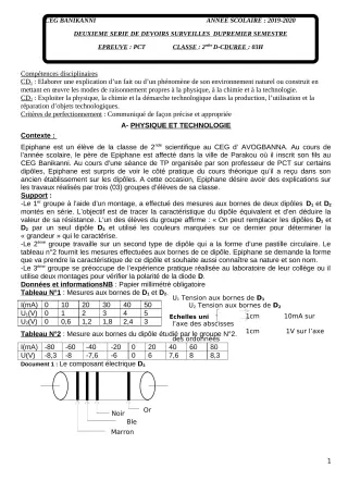 Première page de PCT 2nde C, 2nde D — 2e devoir surveillé, 1er semestre (2019-2020) · CEG Banikanni