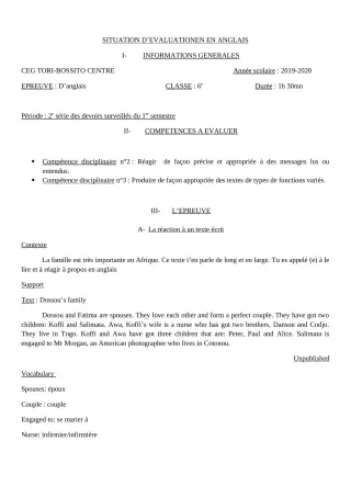 Première page de Anglais 6e, 5e, 4e, 4e ML, 3e, 3e ML — 2e devoir surveillé, 1er semestre (2019-2020) · CEG Tori-Bossito Centre
