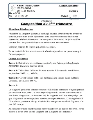 Première page de Français Tle A2, Tle B, Tle C, Tle D — Composition, 3e trimestre (2023-2024) · CPEG SAINT Justin