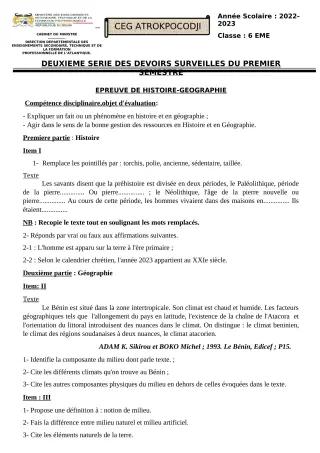 Première page de Histoire-Géographie 6e, 5e, 4e ML, 3e — 2e devoir surveillé, 1er semestre (2022-2023) · CEG ATROKPOCODJI